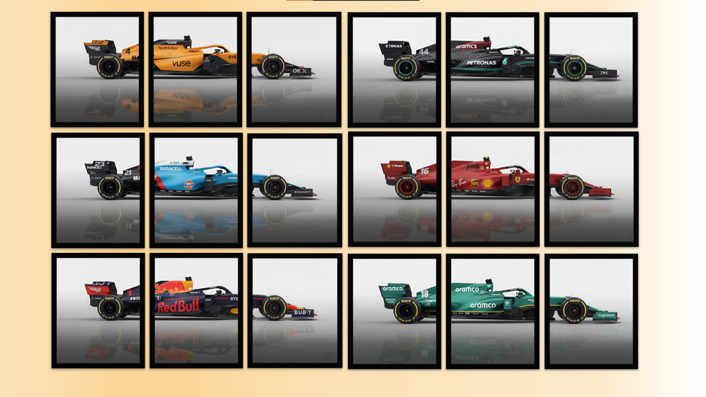 Formula One Frame Collection – Set of 18 Premium Framed Racing Prints for Wall Decor